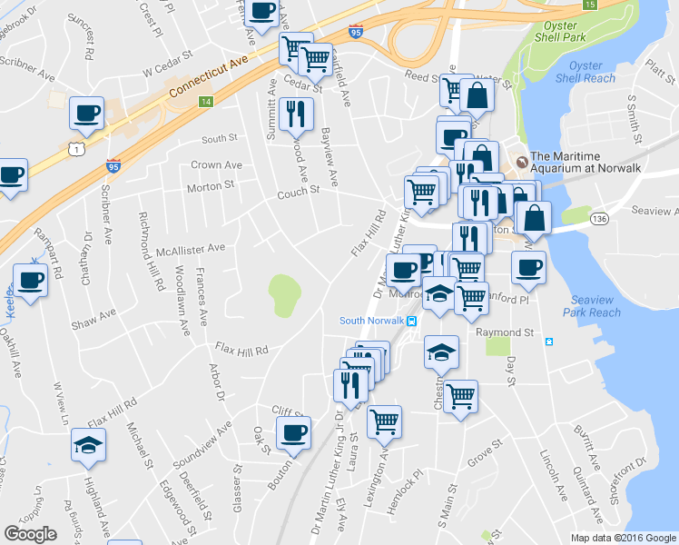 map of restaurants, bars, coffee shops, grocery stores, and more near 188 Flax Hill Road in Norwalk
