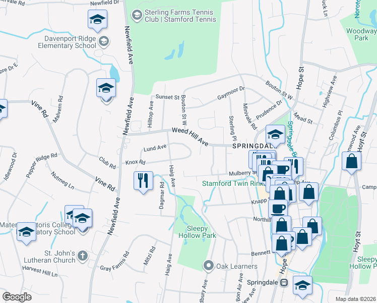 map of restaurants, bars, coffee shops, grocery stores, and more near 133 Knox Road in Stamford