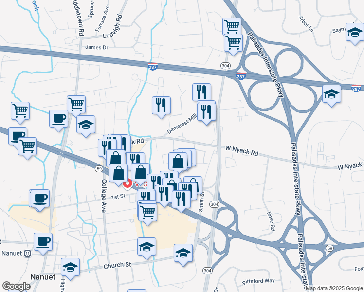 map of restaurants, bars, coffee shops, grocery stores, and more near 25 Smith Street in Nanuet