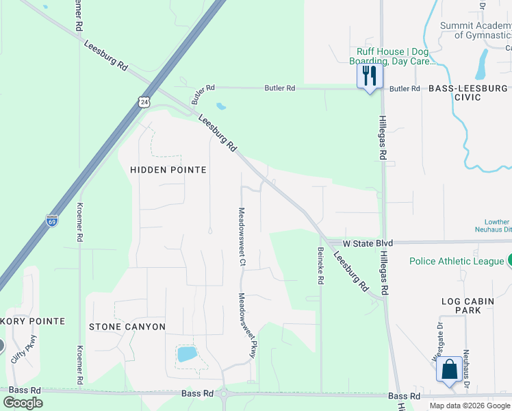 map of restaurants, bars, coffee shops, grocery stores, and more near 2335 Cloverfield Court in Fort Wayne