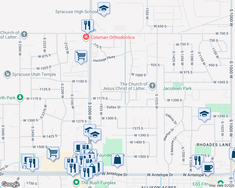 map of restaurants, bars, coffee shops, grocery stores, and more near 1803 West 1125 South in Syracuse