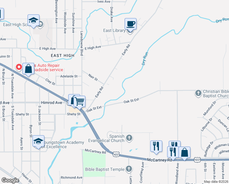 map of restaurants, bars, coffee shops, grocery stores, and more near 161 Early Road in Youngstown