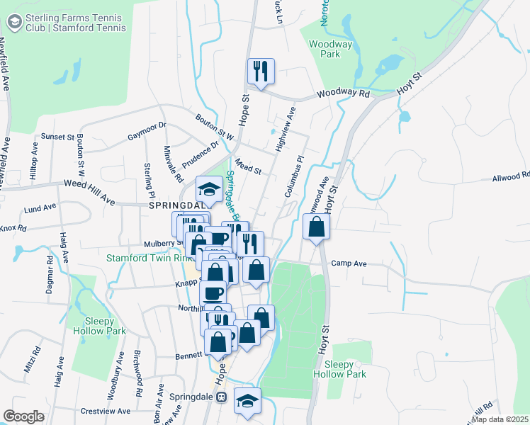 map of restaurants, bars, coffee shops, grocery stores, and more near 8 Overlook Place in Stamford