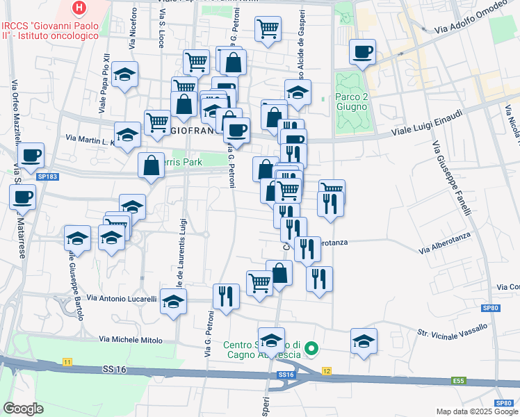 map of restaurants, bars, coffee shops, grocery stores, and more near 7 Via Saverio La Sorsa in Bari