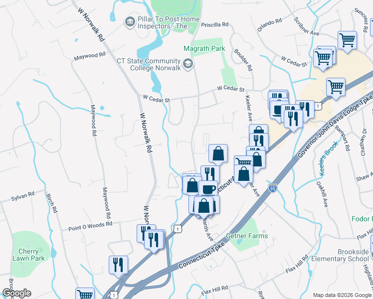 map of restaurants, bars, coffee shops, grocery stores, and more near 123 Richards Avenue in Norwalk