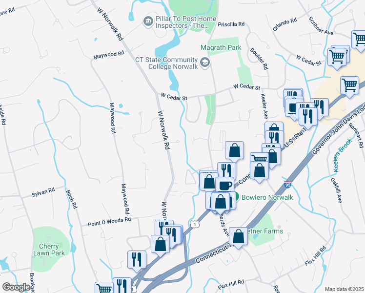 map of restaurants, bars, coffee shops, grocery stores, and more near 10 Riverwalk Lane in Norwalk