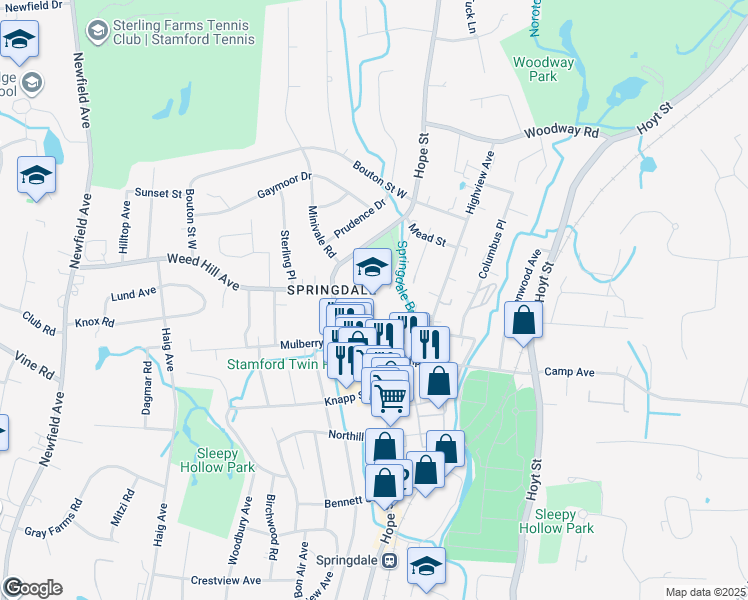 map of restaurants, bars, coffee shops, grocery stores, and more near 1127 Hope Street in Stamford