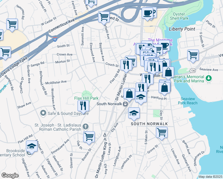 map of restaurants, bars, coffee shops, grocery stores, and more near 178 Flax Hill Road in Norwalk