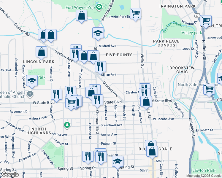 map of restaurants, bars, coffee shops, grocery stores, and more near Goshen Avenue in Fort Wayne