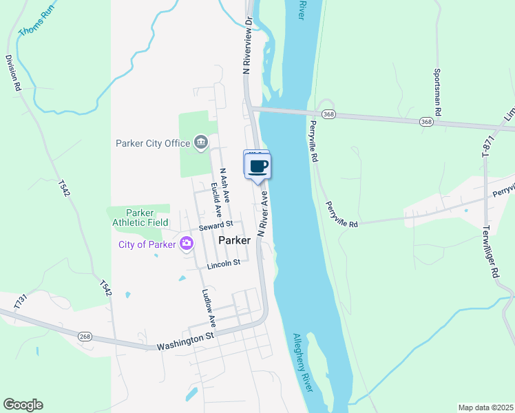 map of restaurants, bars, coffee shops, grocery stores, and more near 322 North River Avenue in Parker
