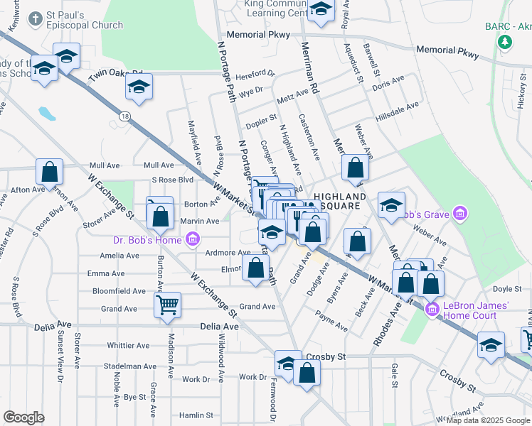 map of restaurants, bars, coffee shops, grocery stores, and more near 867 West Market Street in Akron