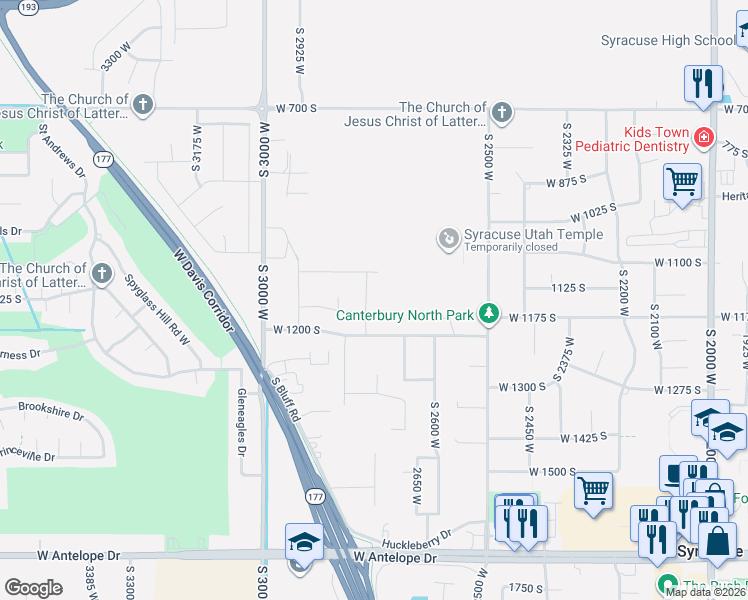 map of restaurants, bars, coffee shops, grocery stores, and more near 1175 South 2750 West in Syracuse