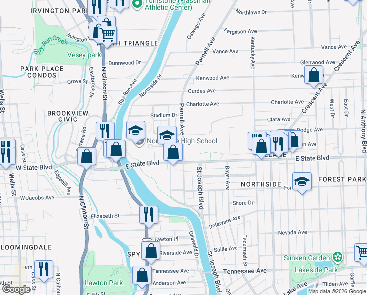 map of restaurants, bars, coffee shops, grocery stores, and more near 2400 Parnell Avenue in Fort Wayne
