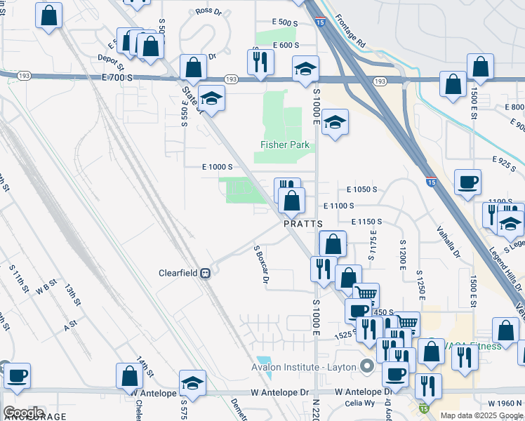 map of restaurants, bars, coffee shops, grocery stores, and more near 1120 State Street in Clearfield