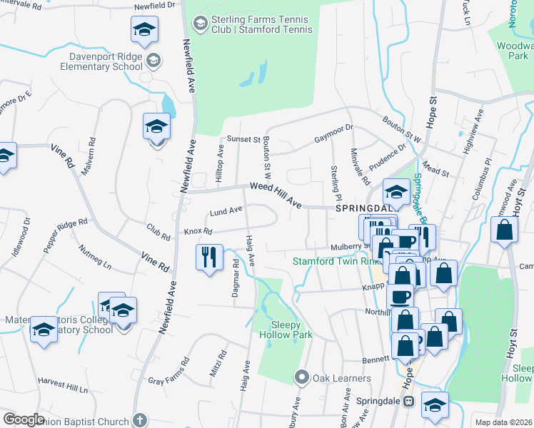 map of restaurants, bars, coffee shops, grocery stores, and more near 381 Upper Haig Avenue in Stamford
