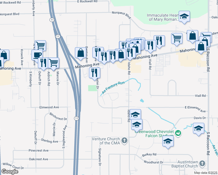 map of restaurants, bars, coffee shops, grocery stores, and more near 4898 Westchester Drive in Austintown