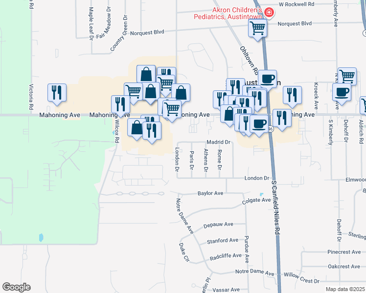 map of restaurants, bars, coffee shops, grocery stores, and more near 5639a London Drive in Austintown