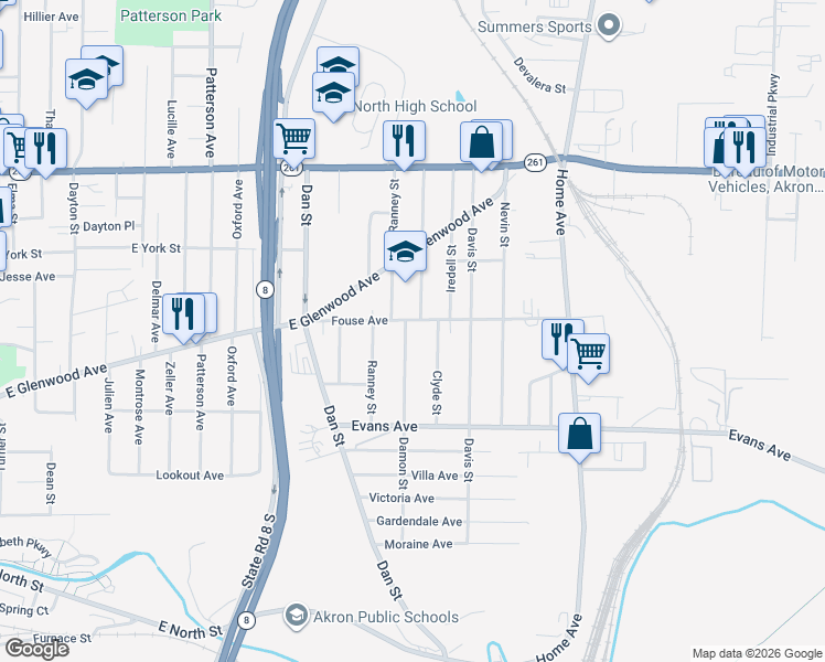 map of restaurants, bars, coffee shops, grocery stores, and more near 768 Damon Street in Akron