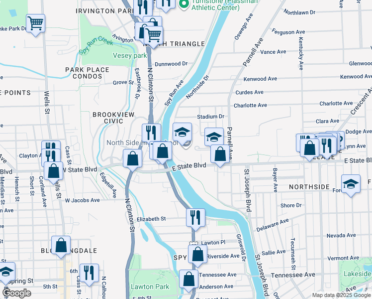 map of restaurants, bars, coffee shops, grocery stores, and more near 2300-2322 Northside Drive in Fort Wayne