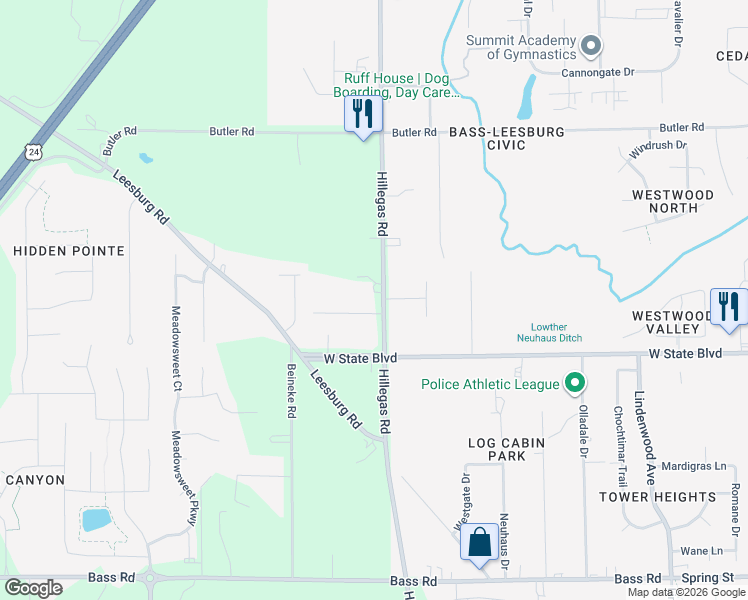 map of restaurants, bars, coffee shops, grocery stores, and more near 3821 Irene Court in Fort Wayne