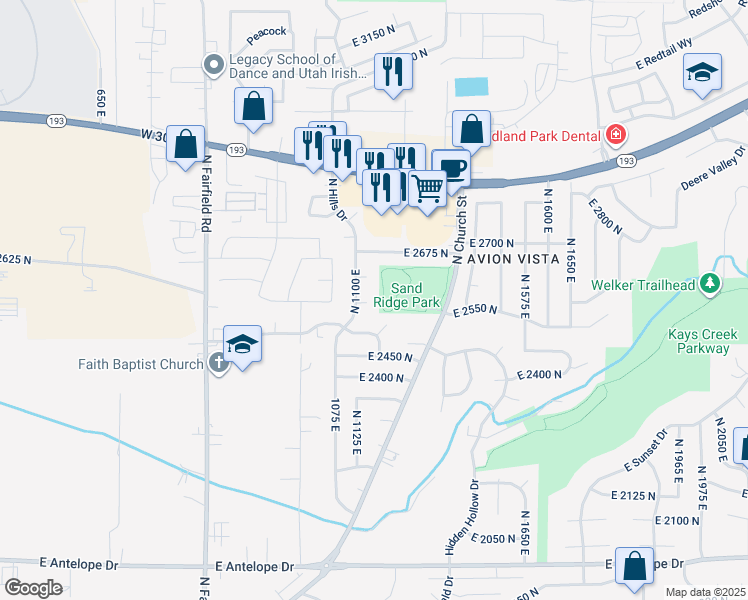 map of restaurants, bars, coffee shops, grocery stores, and more near 1127 East 2550 North in Layton