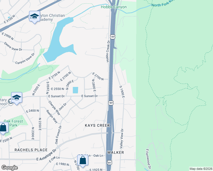 map of restaurants, bars, coffee shops, grocery stores, and more near 2569 North 2900 East in Layton