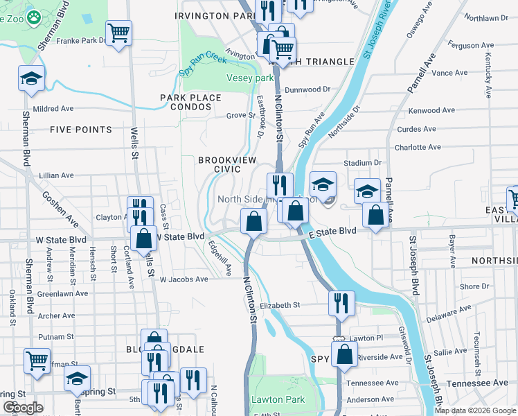 map of restaurants, bars, coffee shops, grocery stores, and more near 2329 North Clinton Street in Fort Wayne