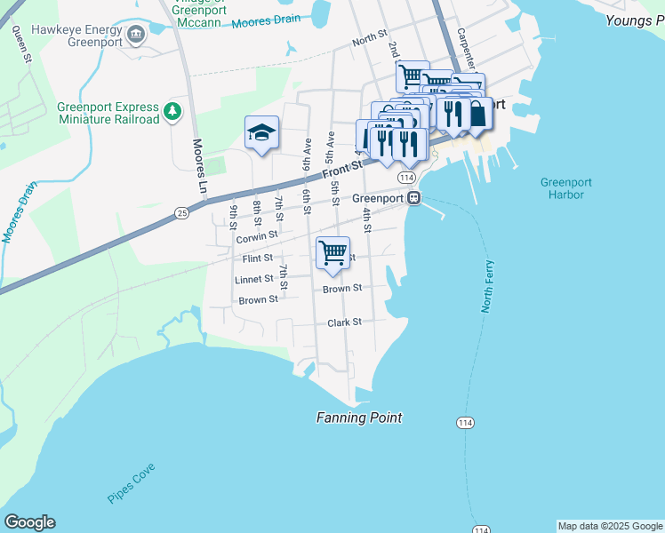 map of restaurants, bars, coffee shops, grocery stores, and more near 305 5th Street in Greenport