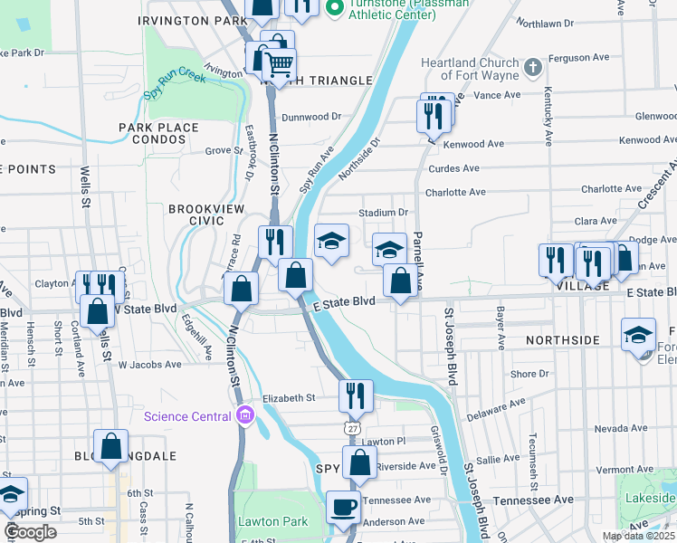 map of restaurants, bars, coffee shops, grocery stores, and more near 475 East State Boulevard in Fort Wayne