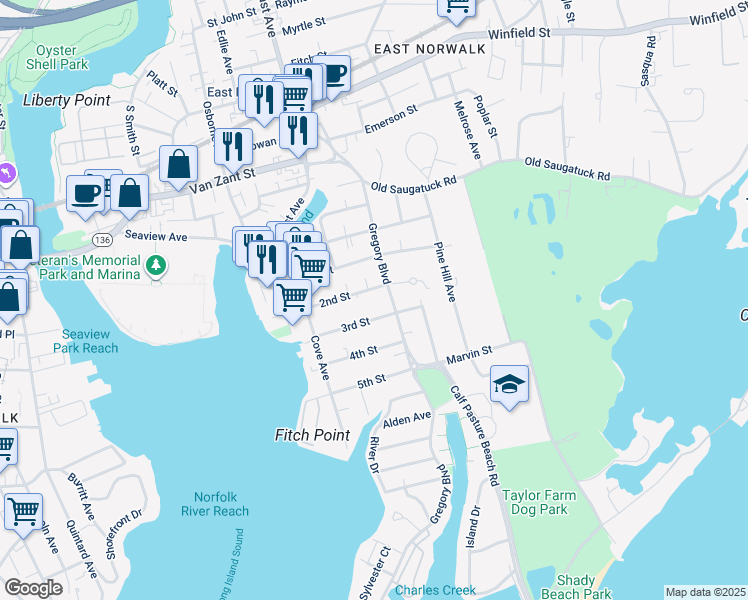 map of restaurants, bars, coffee shops, grocery stores, and more near 60 Gregory Boulevard in Norwalk