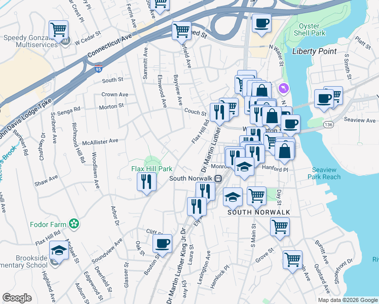map of restaurants, bars, coffee shops, grocery stores, and more near 178 Flax Hill Road in Norwalk