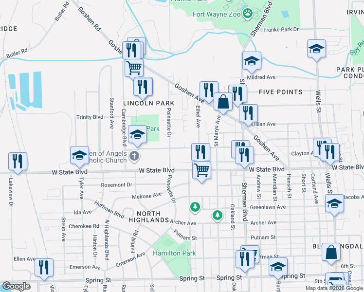 map of restaurants, bars, coffee shops, grocery stores, and more near 1317 Irene Avenue in Fort Wayne