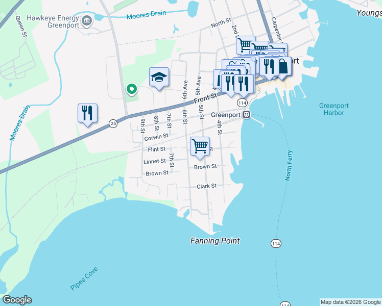 map of restaurants, bars, coffee shops, grocery stores, and more near 311 6th Street in Greenport