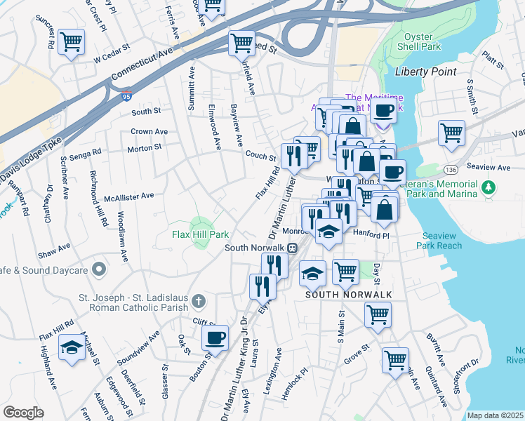map of restaurants, bars, coffee shops, grocery stores, and more near 12 Gibson Court in Norwalk