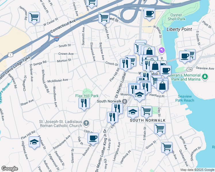 map of restaurants, bars, coffee shops, grocery stores, and more near 198 Flax Hill Road in Norwalk