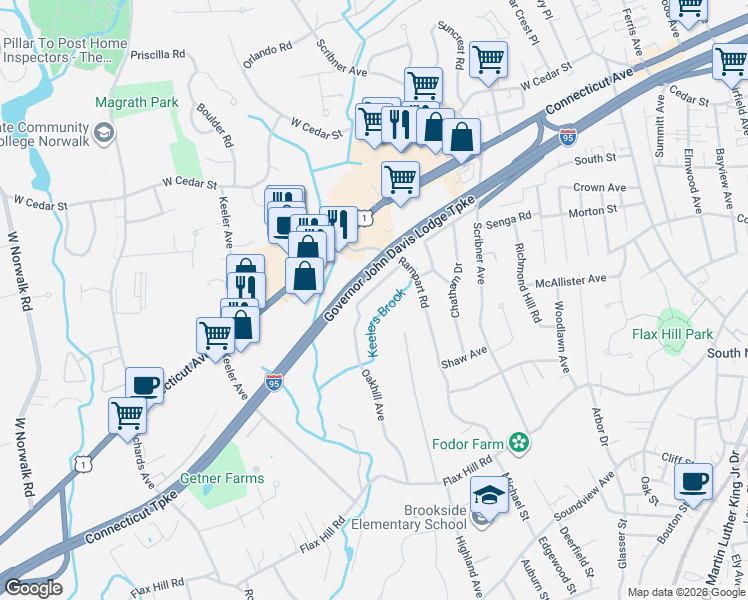 map of restaurants, bars, coffee shops, grocery stores, and more near 25 Westview Lane in Norwalk