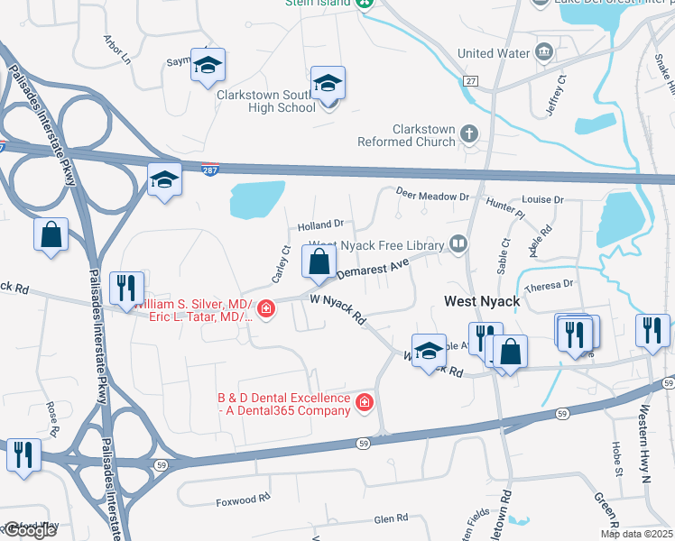 map of restaurants, bars, coffee shops, grocery stores, and more near 71 Demarest Avenue in West Nyack