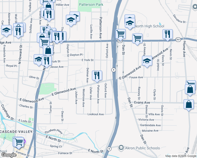map of restaurants, bars, coffee shops, grocery stores, and more near 384 East Glenwood Avenue in Akron