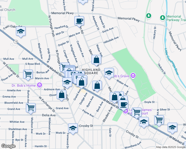map of restaurants, bars, coffee shops, grocery stores, and more near 59 Hawthorne Avenue in Akron