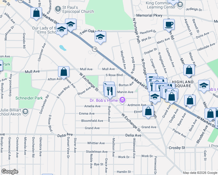 map of restaurants, bars, coffee shops, grocery stores, and more near 166 Marvin Avenue in Akron
