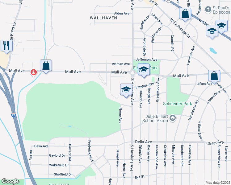 map of restaurants, bars, coffee shops, grocery stores, and more near 1591-1639 West Sunset View Drive in Akron