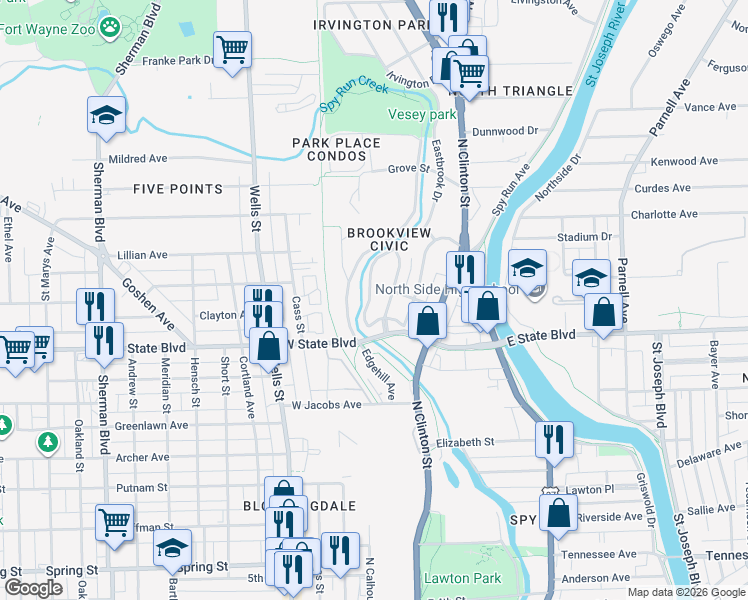 map of restaurants, bars, coffee shops, grocery stores, and more near 136-138 East State Boulevard in Fort Wayne