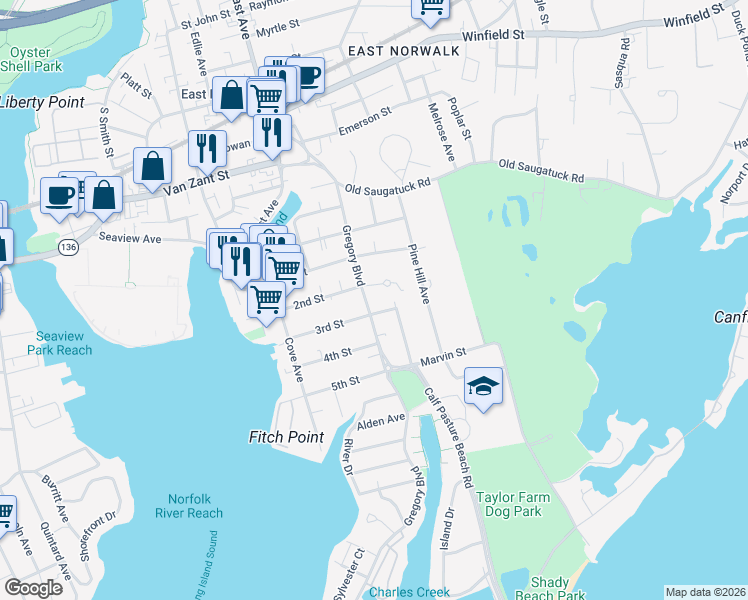 map of restaurants, bars, coffee shops, grocery stores, and more near 71 Gregory Boulevard in Norwalk