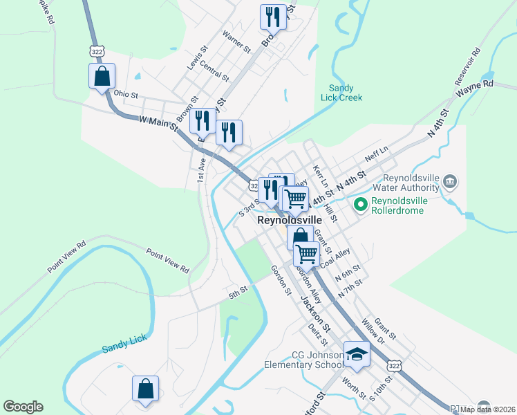 map of restaurants, bars, coffee shops, grocery stores, and more near 311 Jackson Street in Reynoldsville