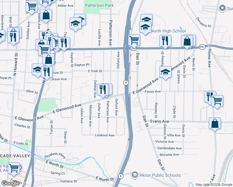 map of restaurants, bars, coffee shops, grocery stores, and more near 411 Oxford Avenue in Akron