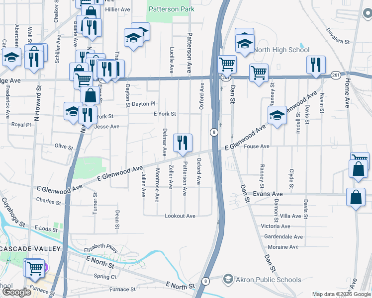 map of restaurants, bars, coffee shops, grocery stores, and more near 384 East Glenwood Avenue in Akron
