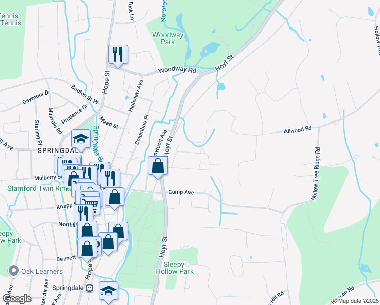 map of restaurants, bars, coffee shops, grocery stores, and more near 73 Kensett Lane in Darien
