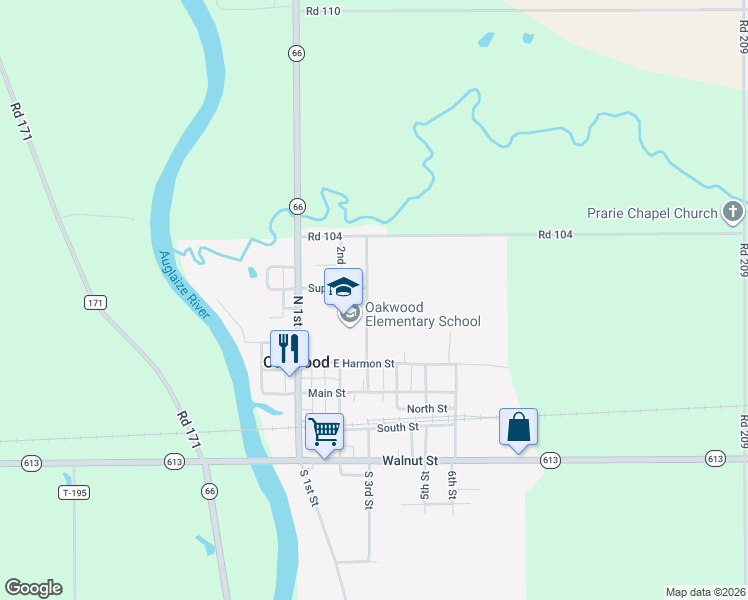 map of restaurants, bars, coffee shops, grocery stores, and more near 301 North 3rd Street in Oakwood