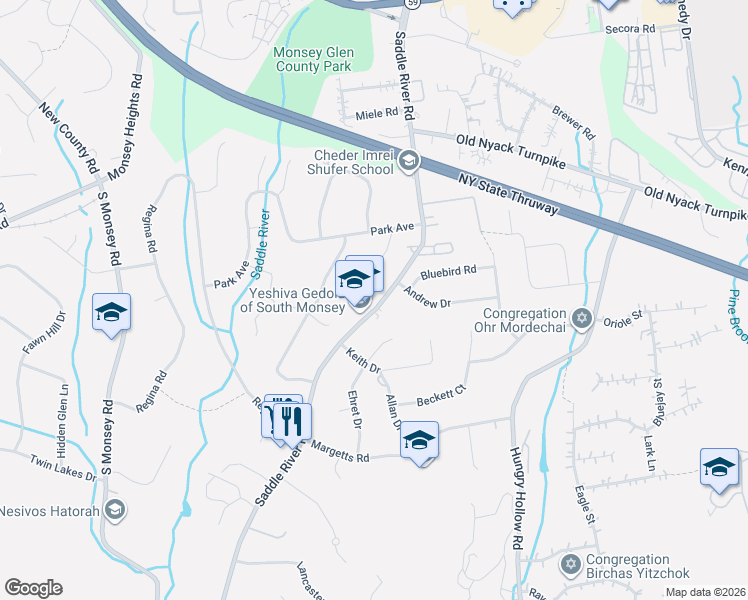 map of restaurants, bars, coffee shops, grocery stores, and more near 271 Saddle River Road in Airmont