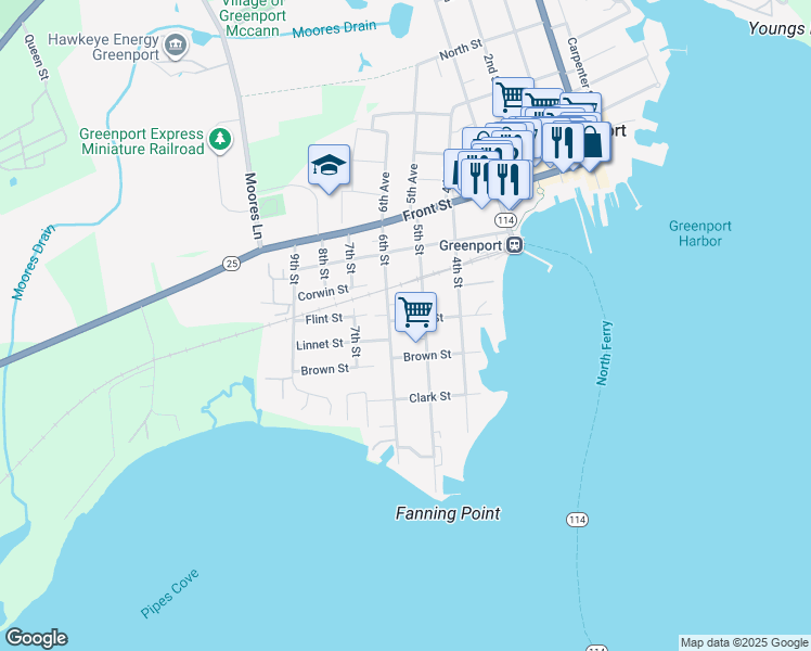 map of restaurants, bars, coffee shops, grocery stores, and more near 305 5th Street in Greenport